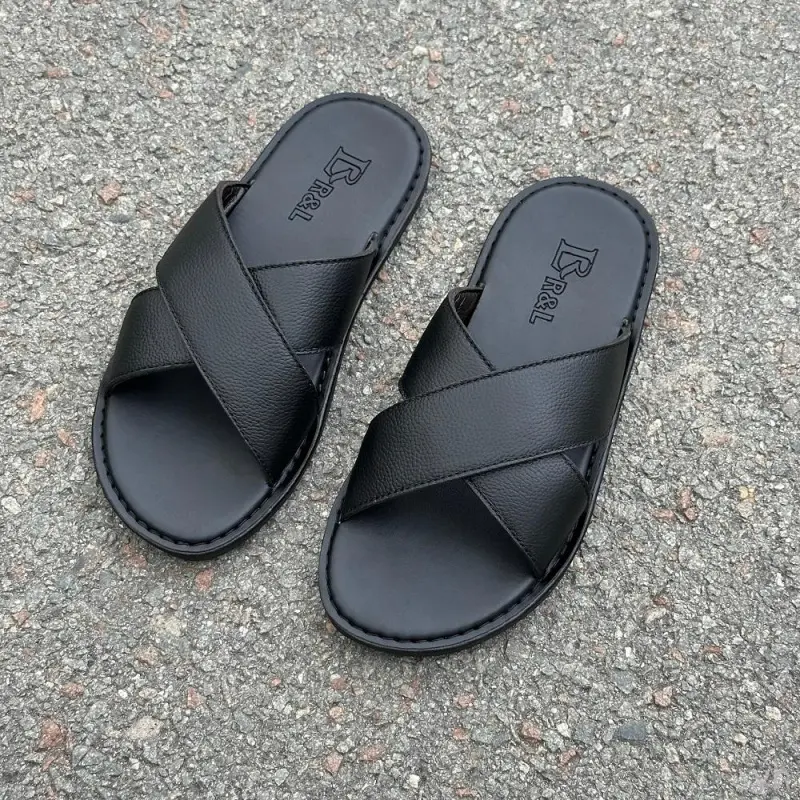 Dép nam quai chéo da bò thời trang, Dép da nam cao cấp phong cách - Dép da RL ( có may đế ) [X1] Sandal Đế Bằng DéP
