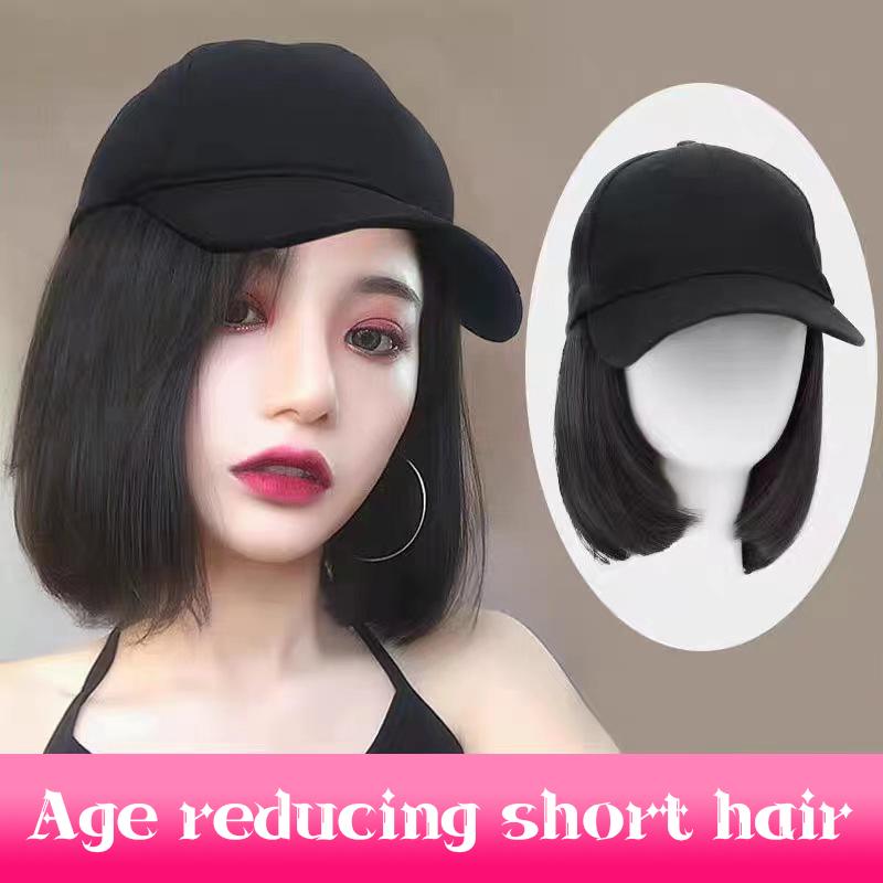 Tóc Giả Bóng Chày, Chất Liệu Tổng Hợp, Tóc Giả Bob, Mũ Đen, Có Tóc, Kết Nối Tự Nhiên, Mũ Bóng Chày Tóc Bob, Có Thể Điều Chỉnh 0