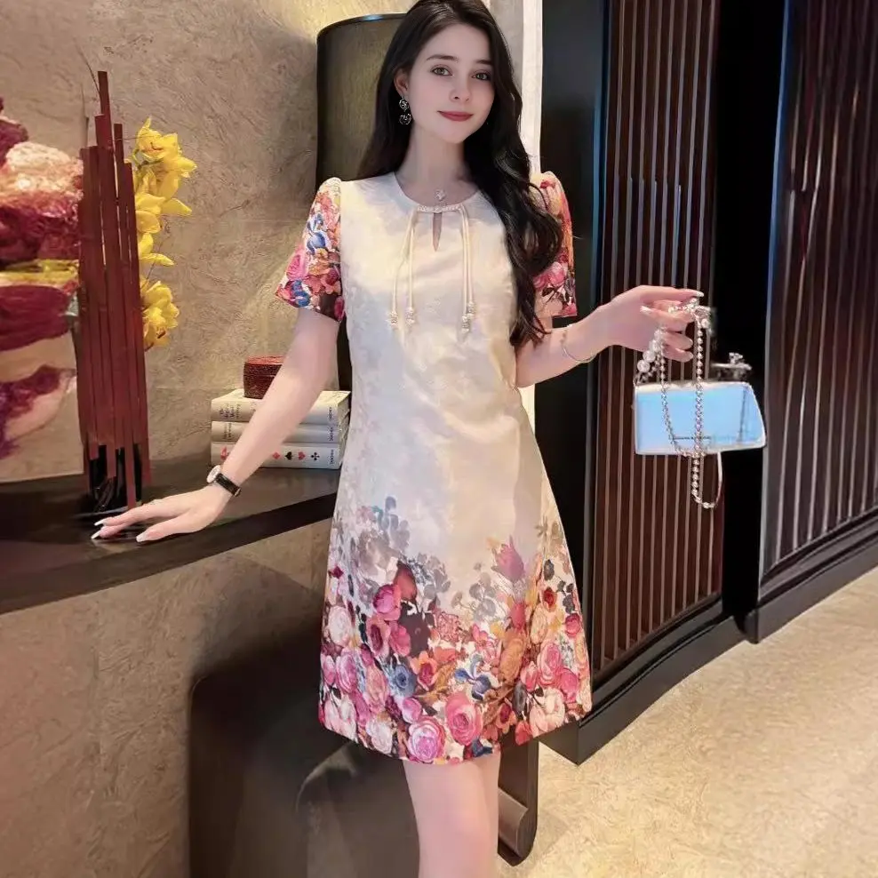 Đầm suông chữ A họa tiết hoa hồng kết dây che khuyết điểm tôn dáng Nữ Women Đen Dress Nhung