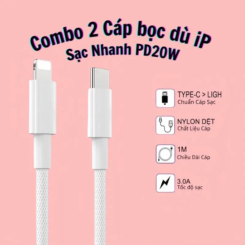 (COMBO 2 CÁP) Cáp Sạc Nhanh Bọc Dù PD20W Cho IPhone -Bọc Dù Type-C To L Dài 1M Carbon - Bảo hành 6 tháng -Phụ Kiện Điện Thoại Iphone  Usb Sạc Điện Thoại