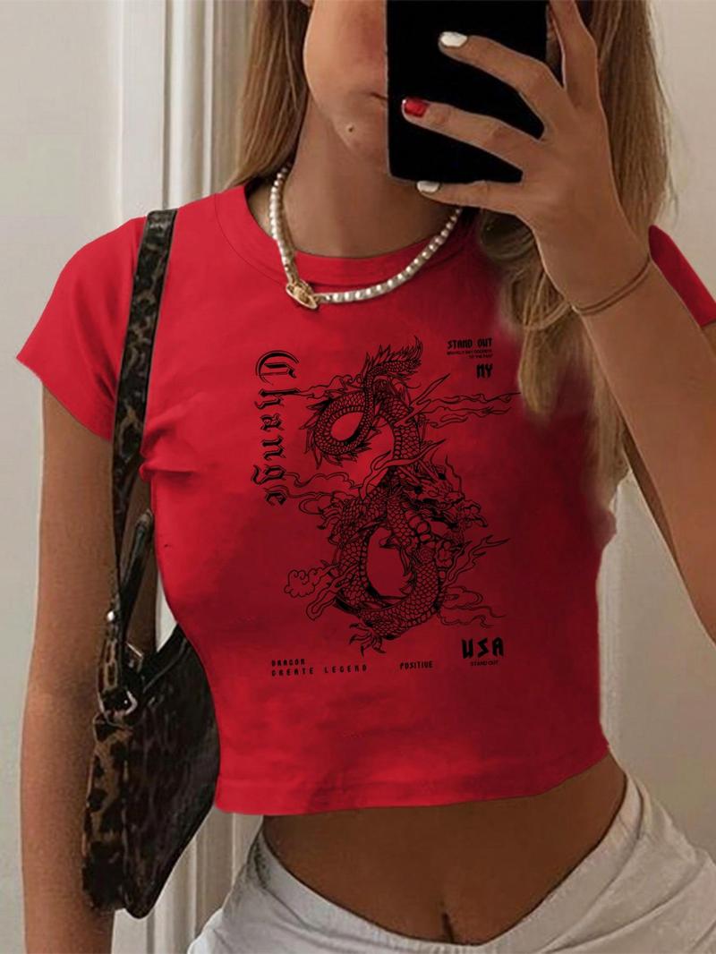 Product Introduction of Women's Dragon Print Round Neck Crop Tee, Y2K Streetwear Letter Graphic Short Sleeve Cropped T-shirt For Daily Wear, Ladies Clothes For All Seasons 7