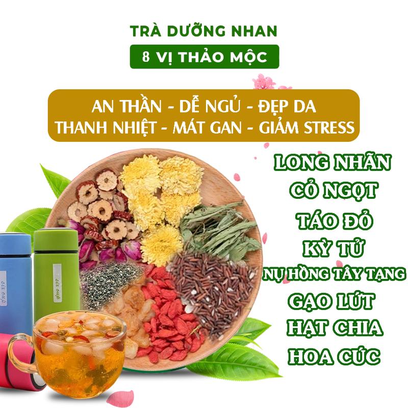 Product Introduction of [TẶNG BÌNH] Combo 2 hộp Trà Dưỡng Nhan 8 vị hộp 30 gói (đông trùng, táo đỏ, kỳ tử, nụ hồng, nụ cúc, cỏ ngọt, long nhãn, gạo lứt, hạt chia)[Nước Trà Chè Tea trà dưỡng nhan trà thảo mộc trà thanh nhiệt ] 24