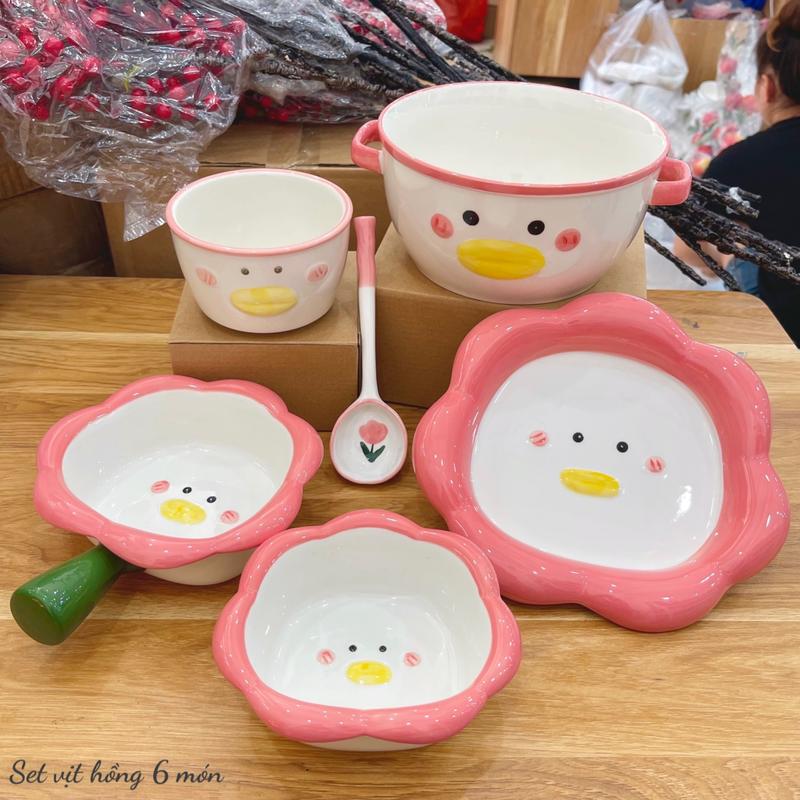Siêu Sale - Tổng Hợp Bộ Bát Đĩa Gốm Sứ Decor, Bát Ăn Cơm, Bát Ăn Chè, Chén Dĩa Dễ Thương Bộ Vịt Hồng Xinh Yêu