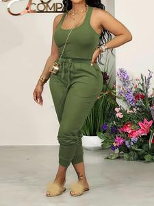 2 Counts Plus Size Solid U Neck Tank Top & Drawstring Waist Pants Two-piece Set, Casual Basic Sleeveless Top & High Waist Pocket Trousers for Daily Wear, Women's Two-piece Co Ord Set Summer, Summer Clothes for Lady