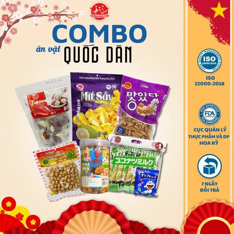 COMBO 7 Món Ăn Vặt Quốc Dân (Mít Sấy, Táo Kẹp Sữa, Bánh Que Cốt Dừa, Mix Gà Heo Mực, Quẩy Đùi Gà, Đậu Phộng, Chíp Chíp) Food Thức Ăn Cay Snack - PHUONGHUYENFOOD Chua 0