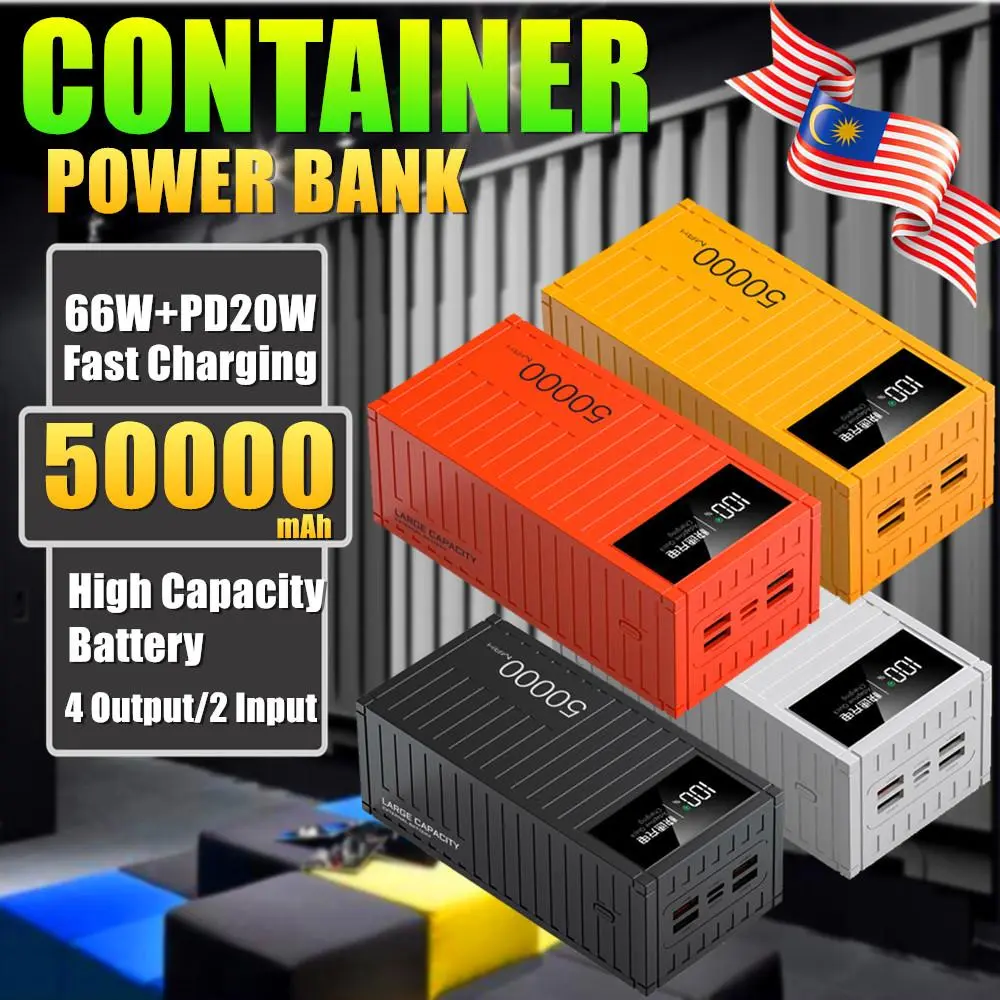 【COD】Container Design Original Power Bank 50000mAh Super Large Capacity battery 66W Fast Charging Portable PowerBank 20000mAh With 4 Data Cable Quick Charge Outdoor Emergency Battery Charger Electric Wireless