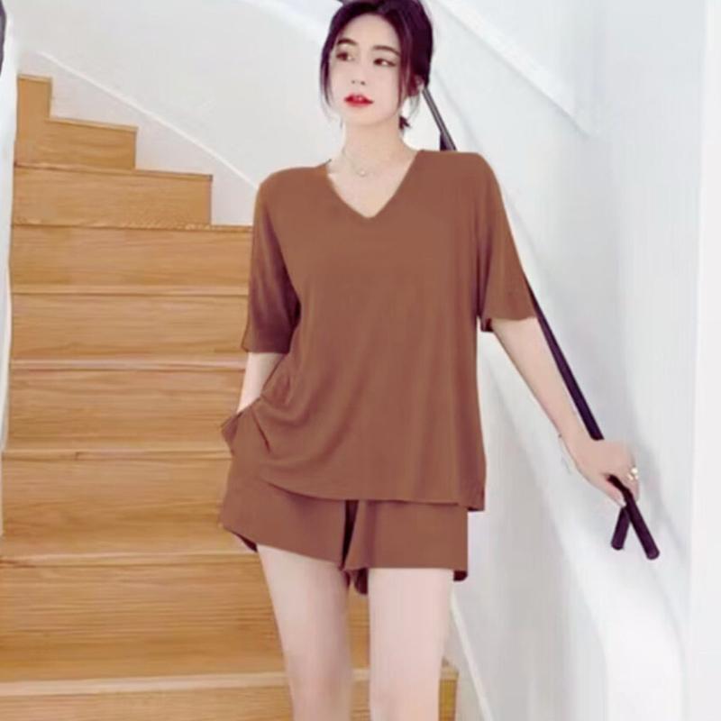 Đồ Bộ Mặc Nhà Nữ Bigsize Cổ Tim Vải Thun Lạnh Dẻo Mát Mịn ESHOP Đồ Bộ Ngủ Cổ Tim Tay Ngắn Mềm Mát Form Rộng Xẻ Tà Top Women