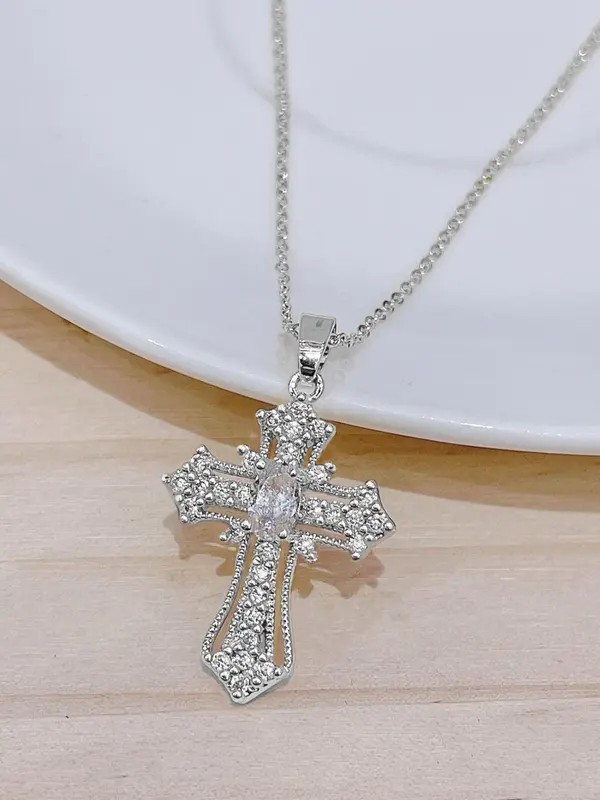 Rhinestone Cross Pendant Necklace for Women for Gift, Clavicle Chain Necklace, Fashion All-match Jewelry Accessory, Jewlery 1