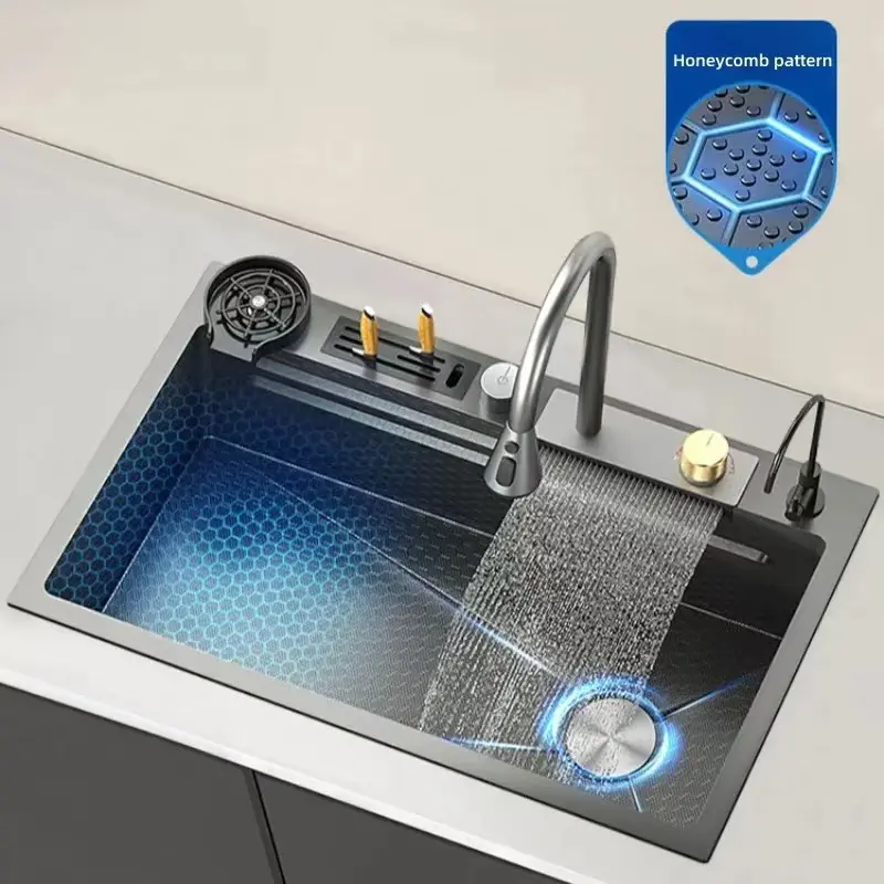 KESOL Thickened SUS304 stainless steel honeycomb nano kitchen sink with knife holder large single sink kitchen wash basin