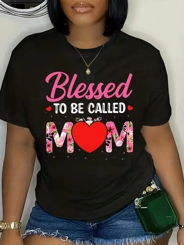 Plus Size Letter Print Round Neck Tee, Fashion Casual Crew Neck Short Sleeve T-Shirt for Daily Outdoor Wear, Women Plus Clothing for Spring Fall 0