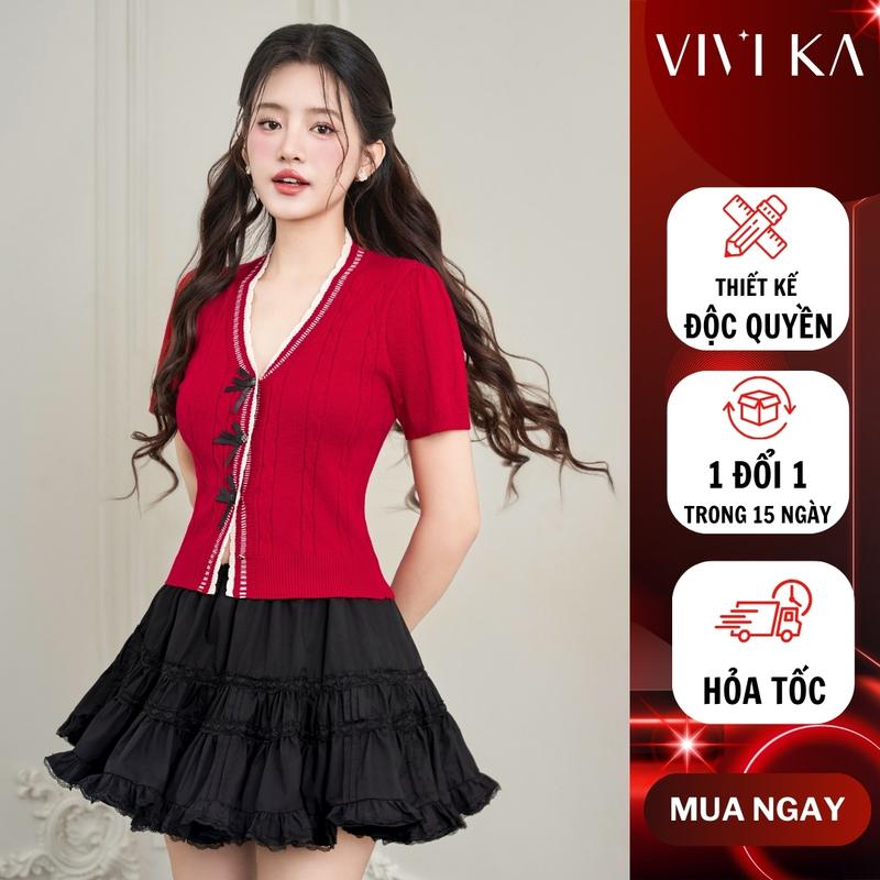 VIVIKA - Áo dệt kim cổ V tay lửng phối nơ - VKAO00518 Nữ Women Navy Top