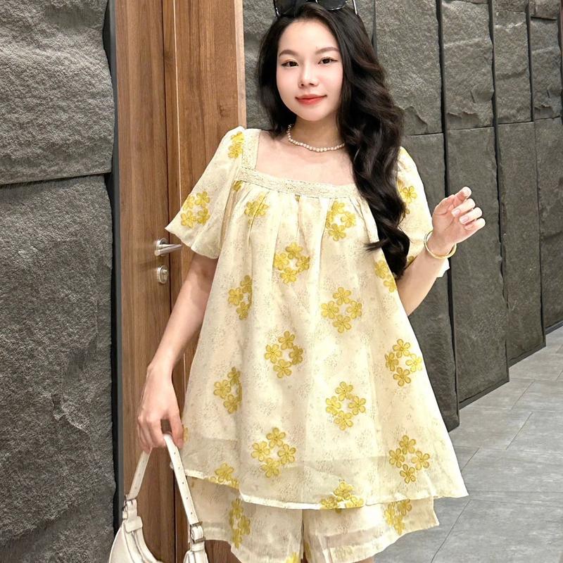 S143 SET ĐỒ NỮ NỮ GỒM ÁO BABYDOLL TAY BÍ ĐẮP REN CỔ U CHẤT XÔ THÊU FREESIZE tổng hợp các set đồ nữ đẹp Women Top - set đồ sang chảnh nữ