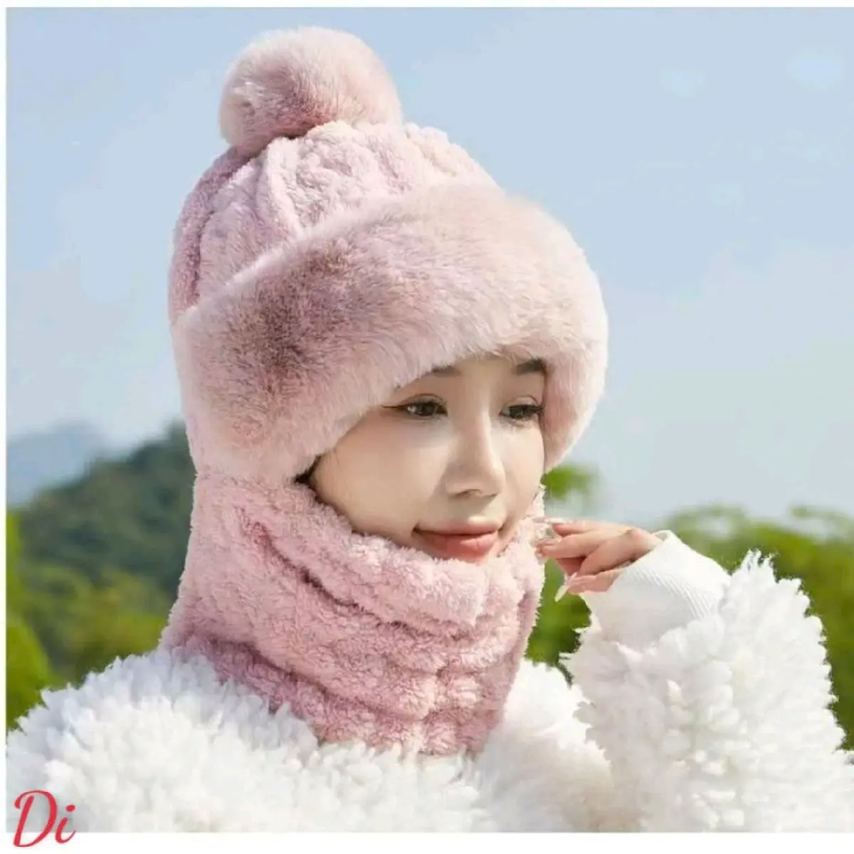 Mũ len nữ lông cừu trùm đầu mùa đông kèm khăn quàng cổ dễ thương phong cách trẻ trung,tiện lợi khi đi xe máy, di chuyển đi lại trong giá lạnh Women