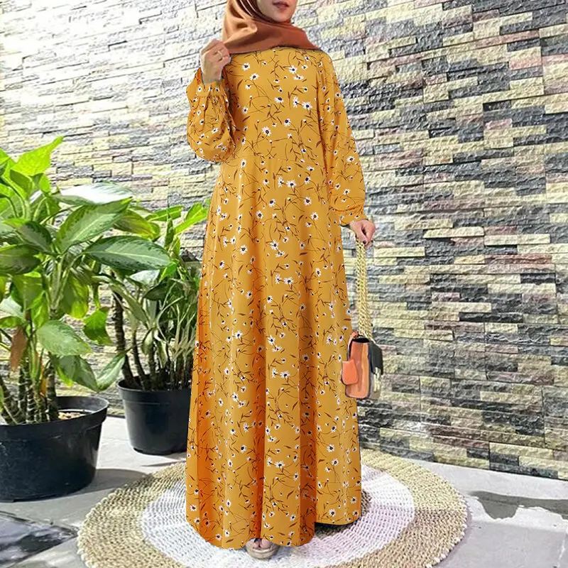 SS24 Muslimah Women Muslim Floral Printed Long Sleeve Bohemian Loose Maxi Dresses2023