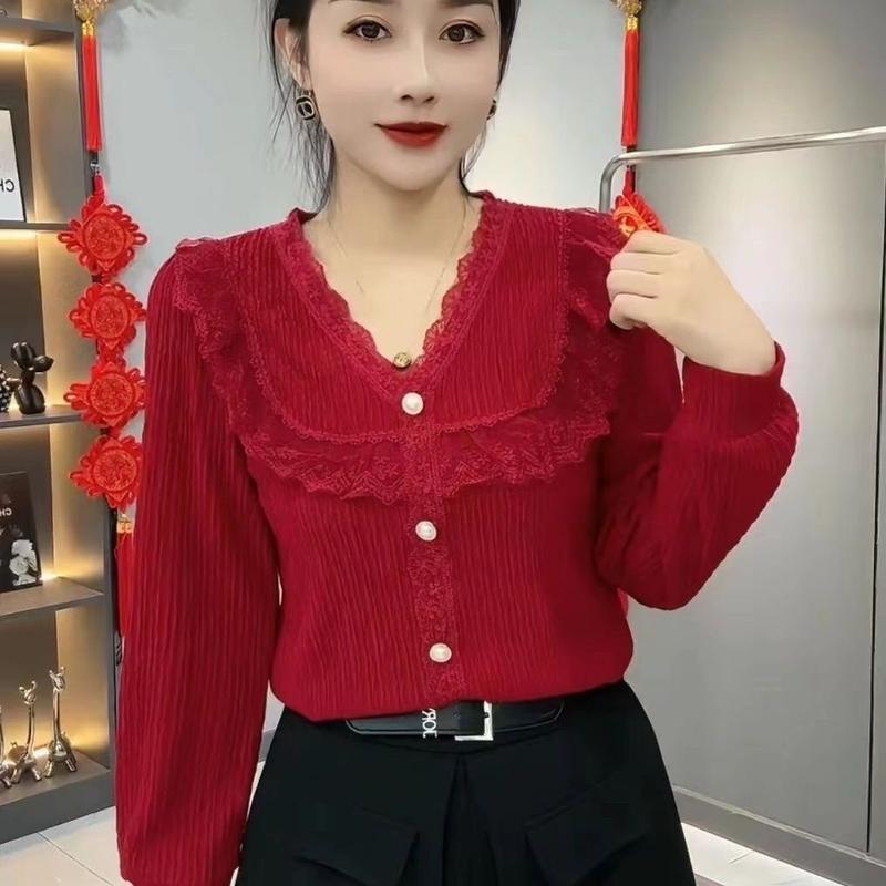 Áo Lớp Nền, Thời Trang, Dáng Rộng Rãi Và Thanh Lịch, Dài Tay, Ren Xếp Nhún, Áo Sơ Mi Phong Cách Phương Tây, Thích Hợp Cho Mùa Xuân Và Mùa Thu, Hàng Mới Về Năm 2024, OOTD 1