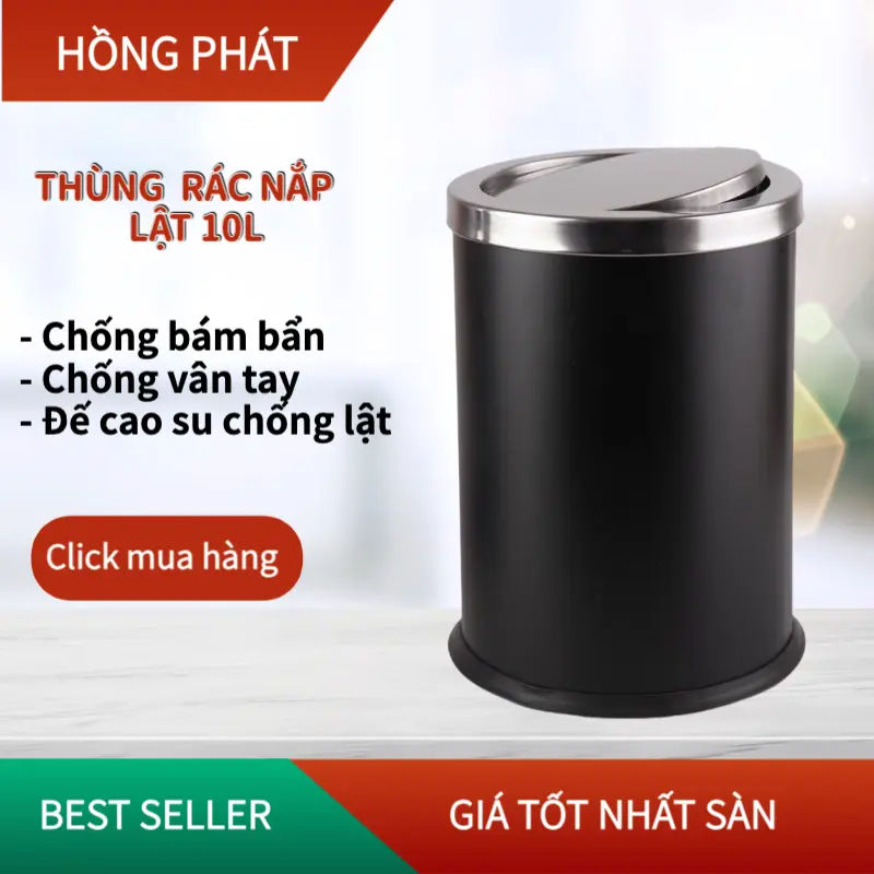 Thùng rác nắp lật 10L / Thùng rác inox trong nhà cao cấp/ Indoor Trasbin/VHP-JZG-A-198BK/VHP-JZG-A-198SS