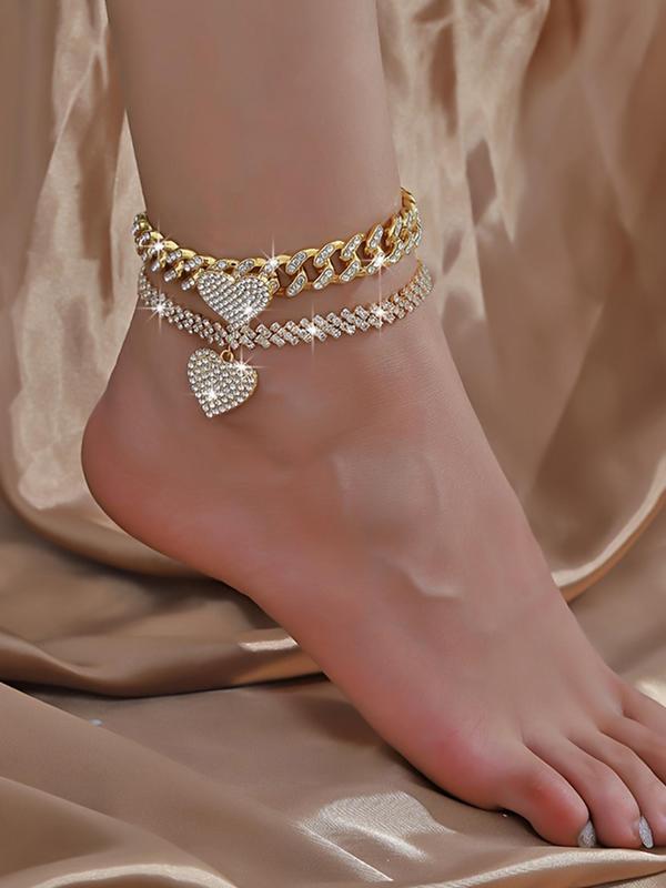 Fashionable Rhinestone Decorated Heart Design Anklets, Fashion Jewelry for Party, Daily Clothing Decor, Trendy All-match & Exquisite Jewelry for Birthday Gift, Valentine's Day, Gift 0