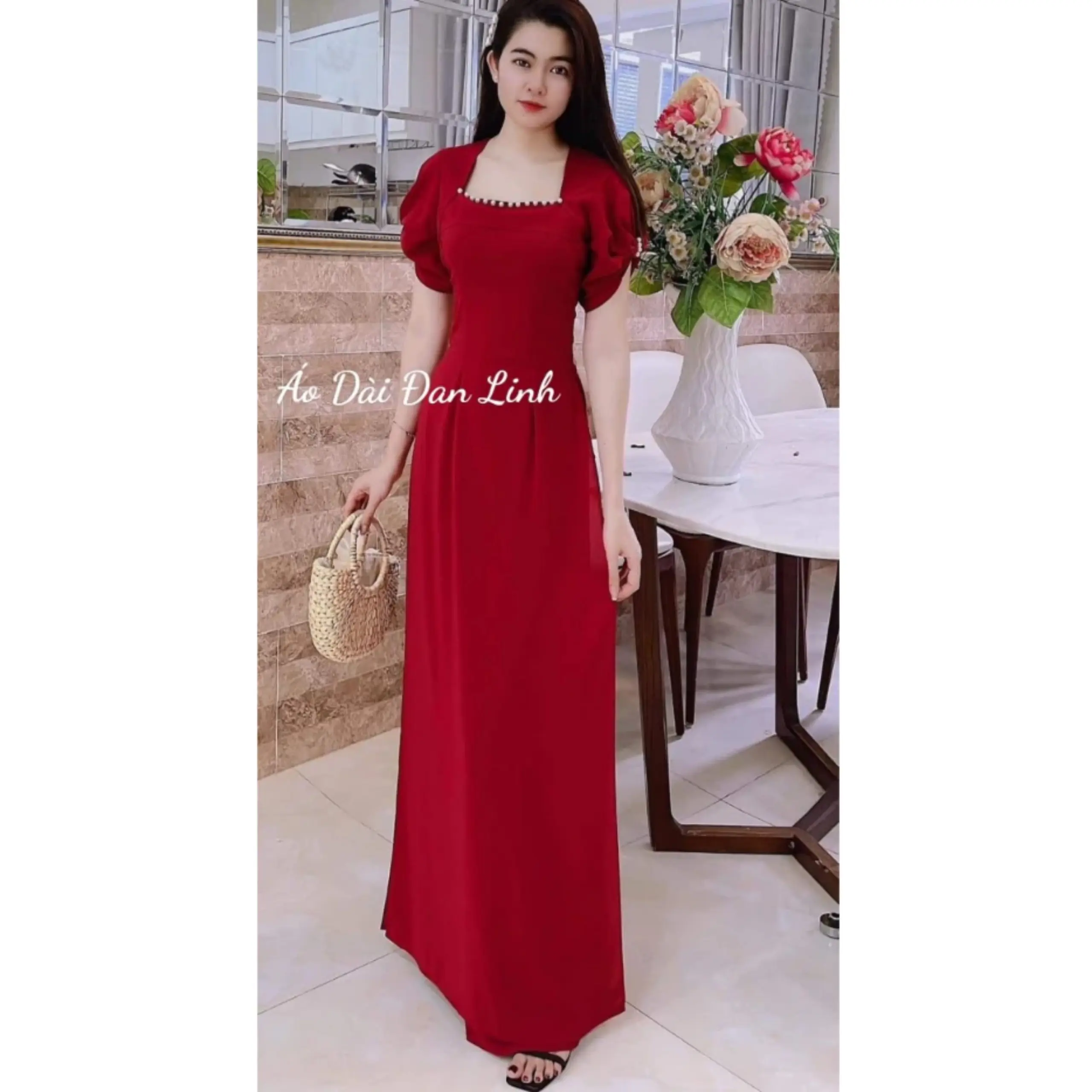 Áo dài lụa cao cấp khoét tay kết ngọc - Áo Dài Đan Linh