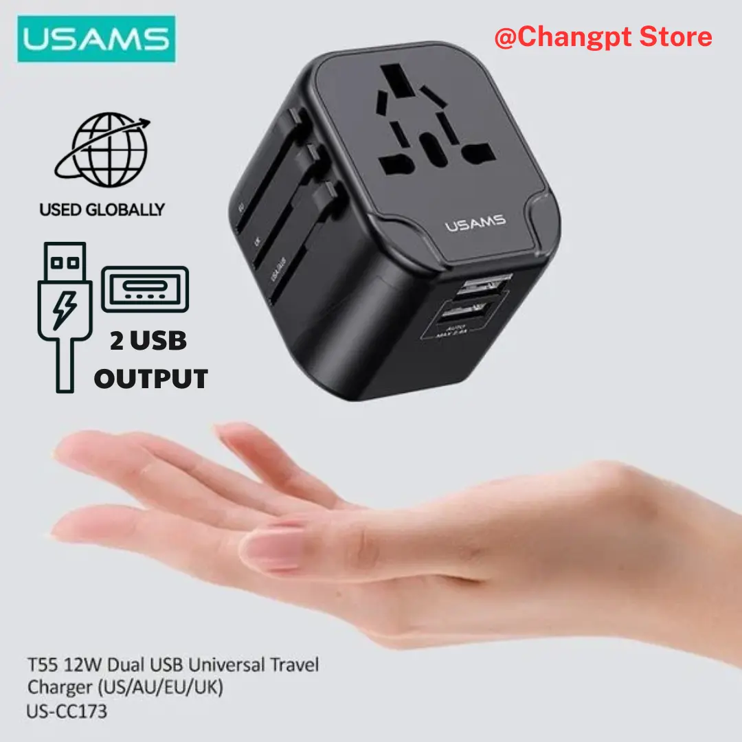 Bộ sạc du lịch USAMS CC173 T55 12W Dual USB-A Universal Travel Charger (US/UK/EU/CN Plug)