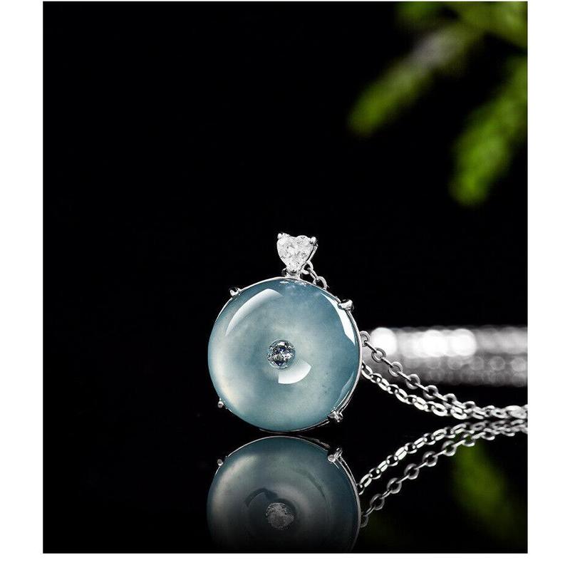 S925 silver inlaid with natural A jadeite blue water safety buckle ice jade pendant pendant necklace men's and women's pendant 8