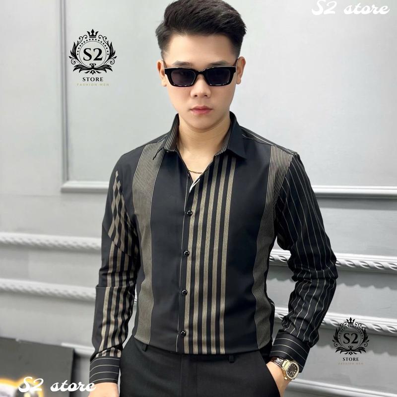 Áo Sơ Mi Đen Phối Sọc Xám Vải Quảng Châu Cao Cấp Mềm Mịn Nam Menswear Shirt Cổ Tròn Kem Có Cổ Kate