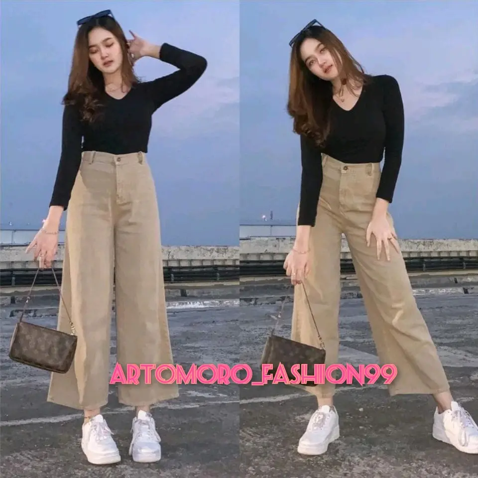 New celana kulot jeans haigwaist mozza//Mozza jeans kulot warna Panjang Hitam Boyfriend