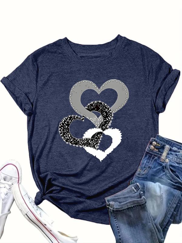 【Plus Size】Heart Print Round Neck Tee, Fashion Casual Short Sleeve T-shirt for Daily Outdoor Wear, Women Plus Clothing for All Seasons 1