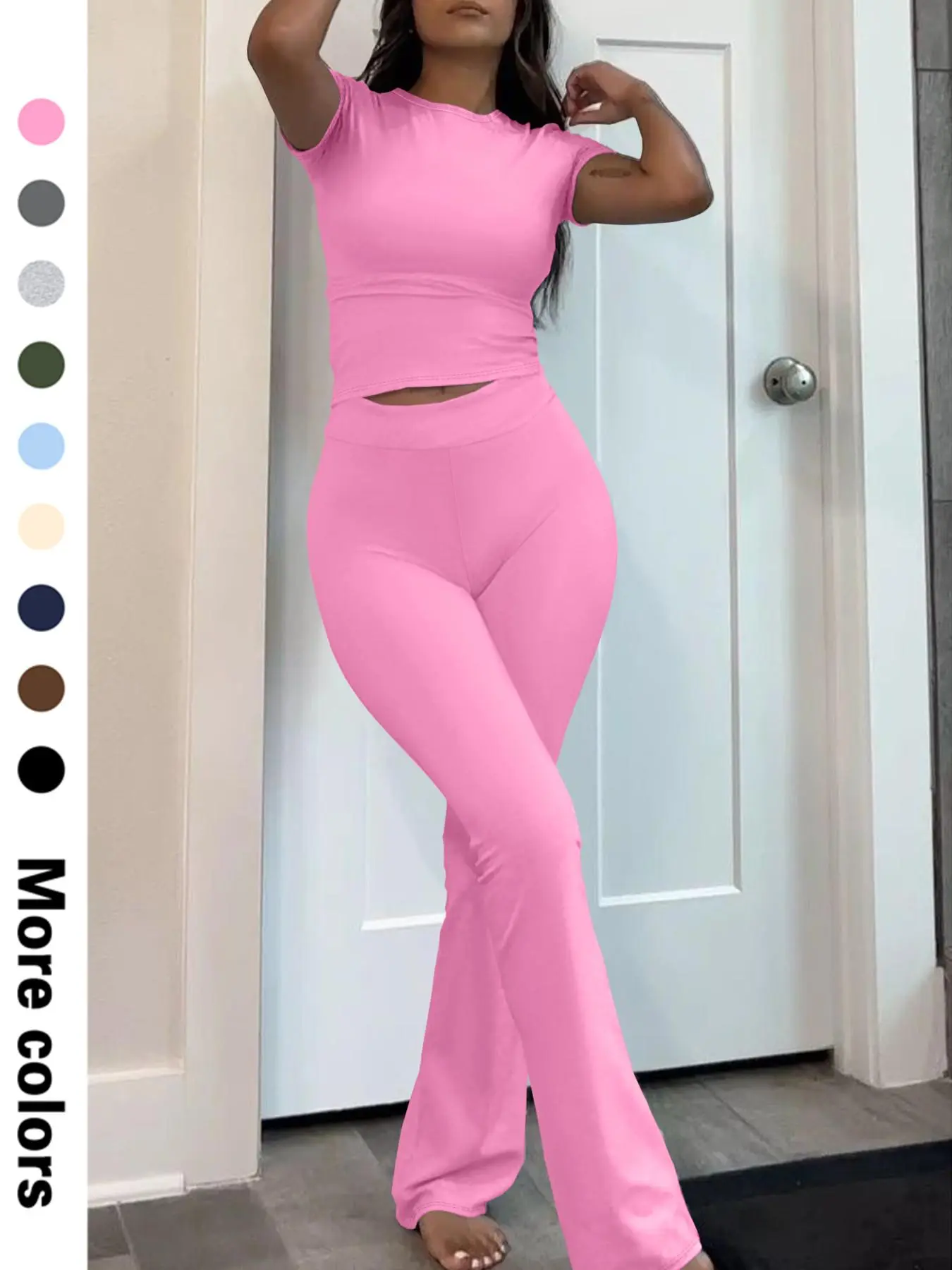 Women's Solid Crop Tee &  High Waist Flare Leg Pants Set, Casual Fashion Cozy Round Neck Short Sleeve Top & Bell Bottom Tall Trousers for Daily Outdoor Wear, Women's Clothing for Summer, 2 Piece Set Rave