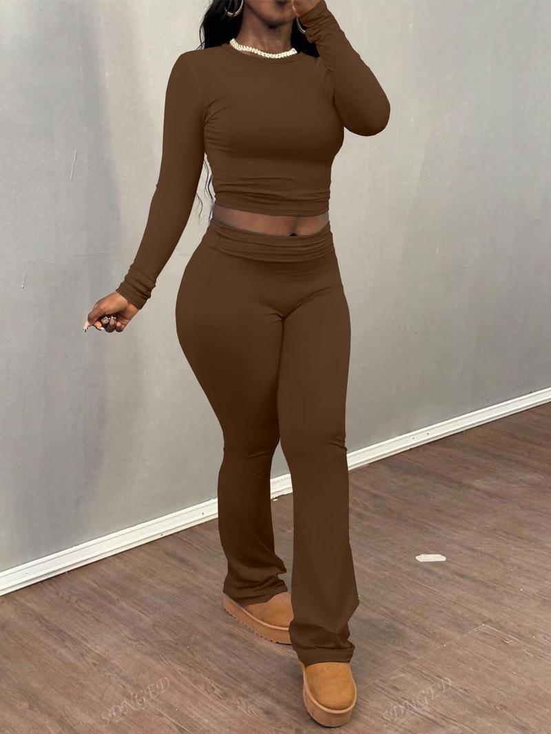 Product Introduction of Women's Solid Color Ruched Tee & Flare Leg Pants Set, Casual Long Sleeve Round Neck Top & Bell Bottom Trousers Two Piece Set for Fall & Winter, Women's Clothes for Daily Wear， Rave 2 Piece Set 9