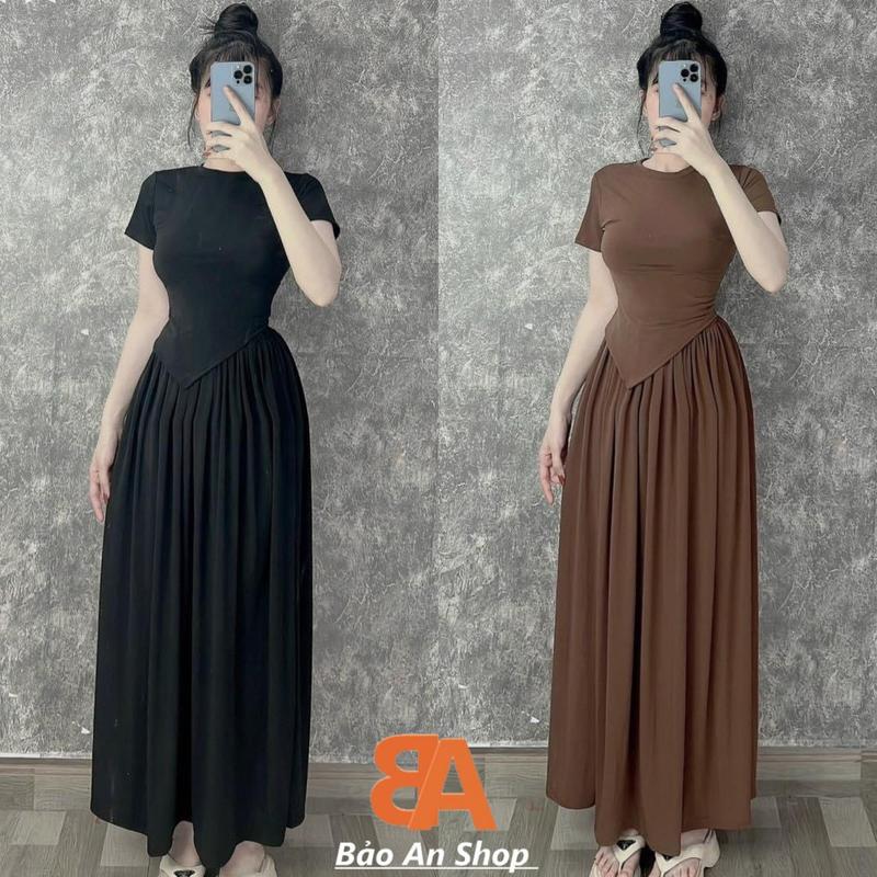 SB-30 Sét bộ nữ 2 món áo thun nữ tay ngắn tà nhọn ôm body phối chân váy form dài lưng thun Free Size dưới 53kg