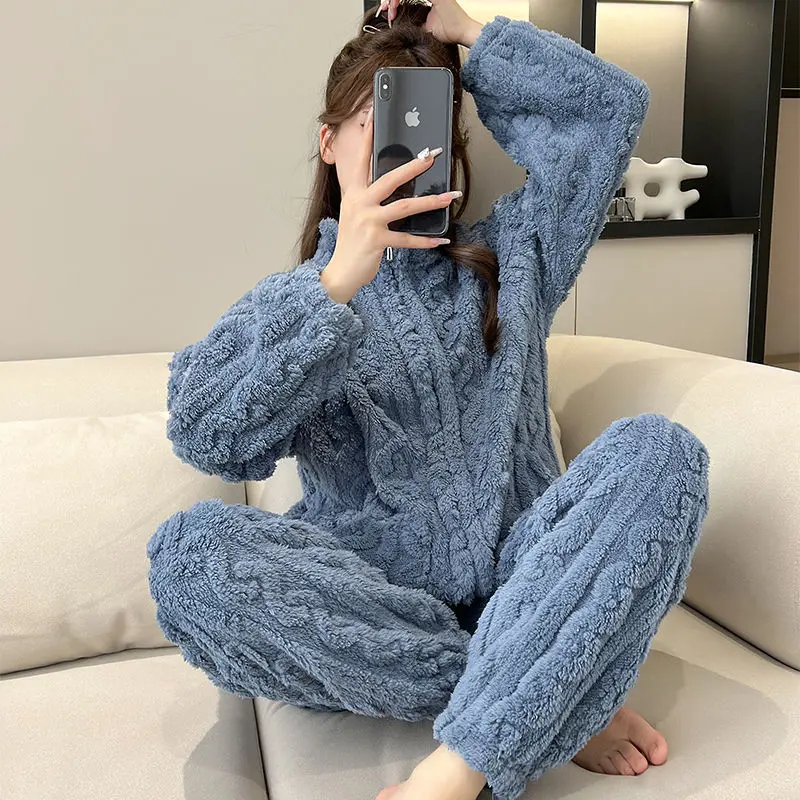 Bộ Đồ Ngủ, Dành Cho Nữ, Chất Liệu Lông Cừu San Hô, Bộ Sưu Tập Thu Đông, Màu Trơn Bộ Đồ Mặc Ở Nhà Dày Dặn, Thích Hợp Mặc Ngoài Trời, Hàng Mới Về Năm 2024