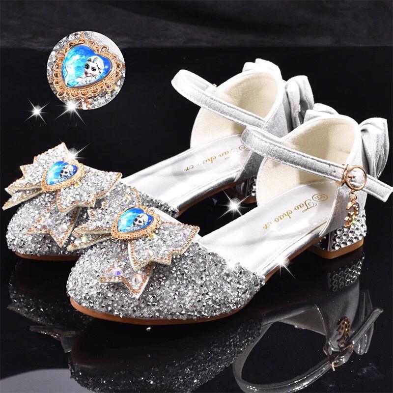 Children's Silver 2024 New Leather Shoes Catwalk Dress Princess Performance Crystal Shoes Girls Soft Bottom Small High Heel Shoes 7