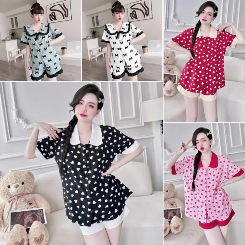 Đồ Bộ Ngủ Pijama Đùi Lụa Nhật Họa Tiết Phối Sang Chảnh Tay Ngắn Quần Đùi Nữ Đùi Bigsize Siêu Xinh Women Nhung Quần Ngủ Áo Nho Voi 0