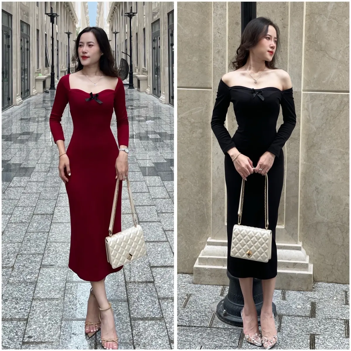 ĐẦM THUN BODY Tay Dài Dáng Midi size 45-55 kg , vải thun sọc Ruby dày dặn mát mịn không xù vải , mặc ở mọi nơi H.A.N Store Cho Nữ Women Dress Voi váy  đỏ tay dài vaytet Voan Dài Tay Voan Dài Tay vaydodonnoel vay  mactet