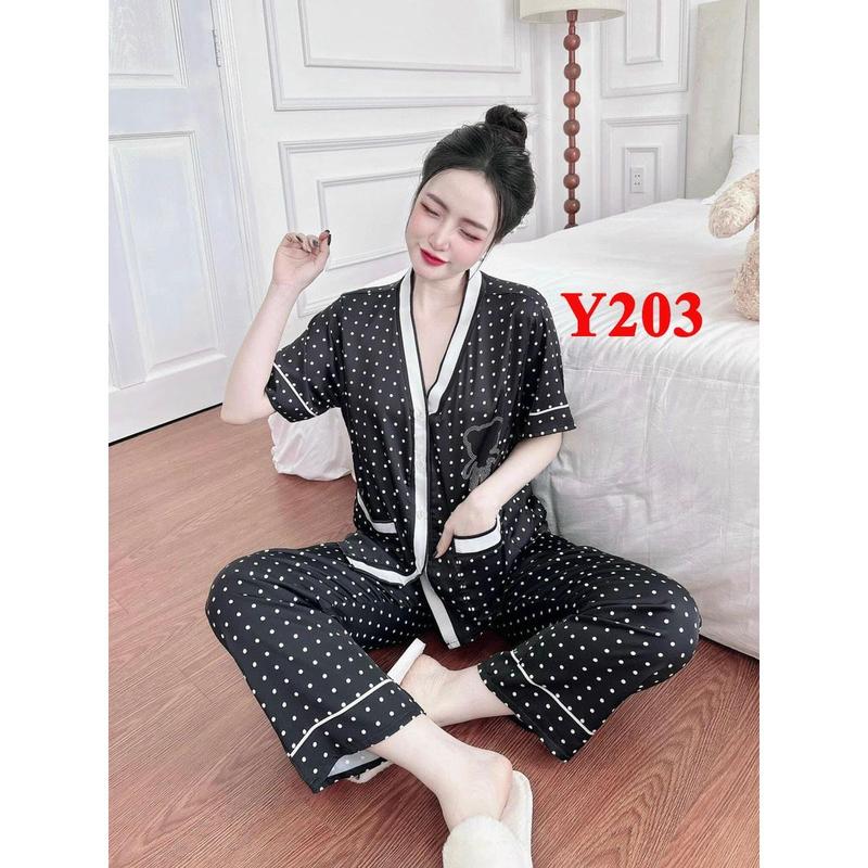 Bộ quần áo pijama lụa quần dài áo cộc tay cổ Y mới mềm mát