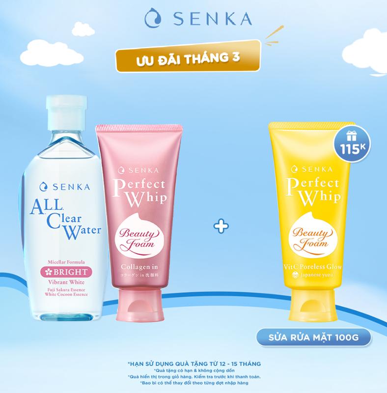 []Bộ đôi Nước tẩy trang micellar dưỡng sáng cấp ẩm SENKA A.L.L CLEAR WATER MICELLAR FORMULA BRIGHT 230ML & Sữa rửa mặt đàn hồi mướt mịn SENKA PERFECT WHIP COLLAGEN IN 120G