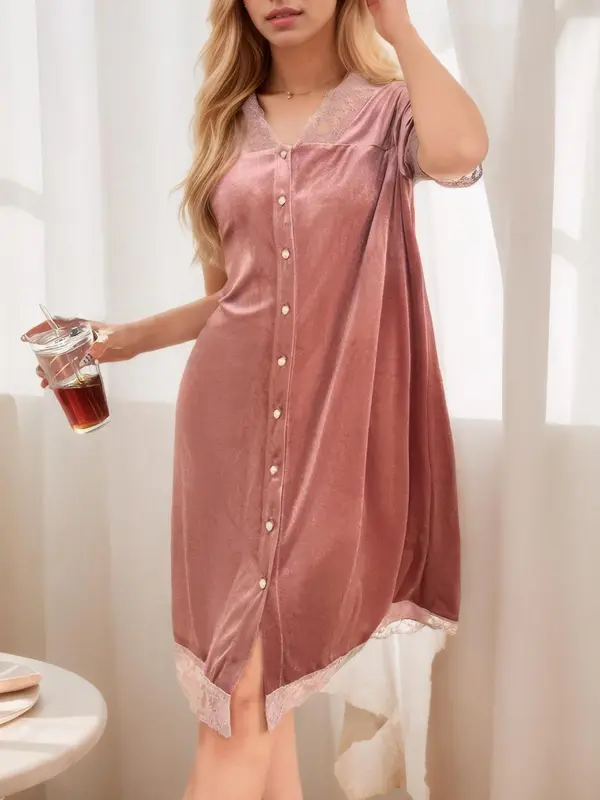 Women's Velvet V Neck Nightdress, Casual Soft Comfortable Short Sleeve Nightgown for All Seasons, Fashion Ladies' Sleepwear for Daily Wear 3