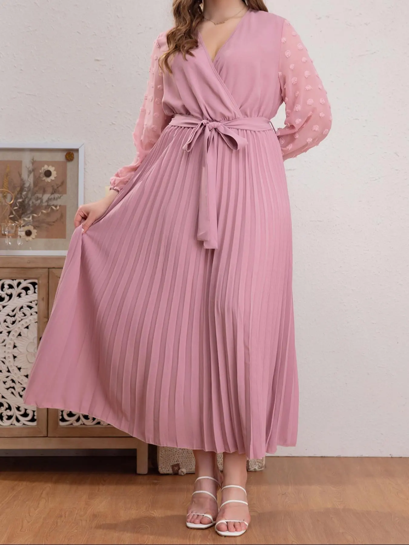 Plus Size Swiss Dot Belted Pleated Wrap V Neck A Line Dress, Mean Girls Outfit, Elegant Chic Comfort Long Sleeve High Waist Dress, Lady Plus Clothing for Spring & Fall Casual Wear, Womenswear