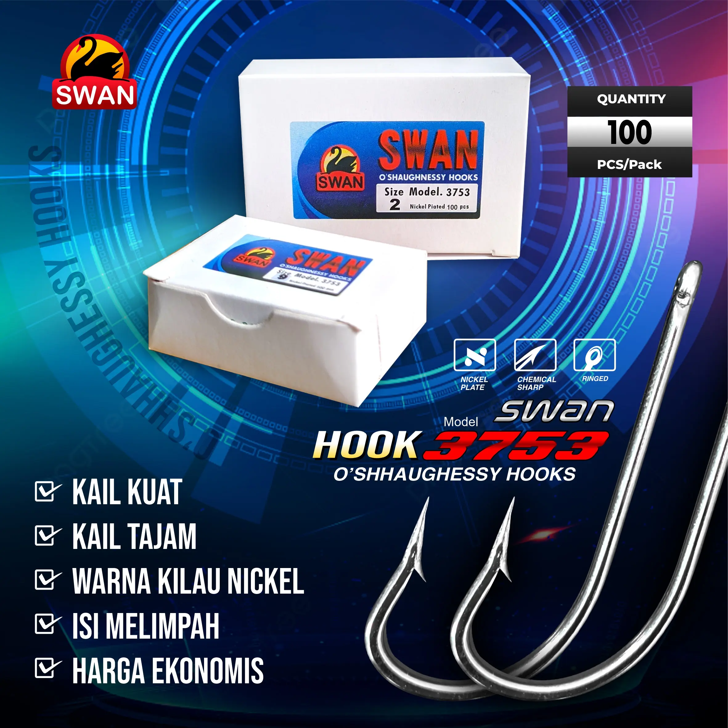 Kail Kotak Swan O'SHHAUGHESSY 3753 dengan Gagang Panjang Nikel Putih Mengkilap - Harga Ekonomis (100 pcs) - No 1-12
