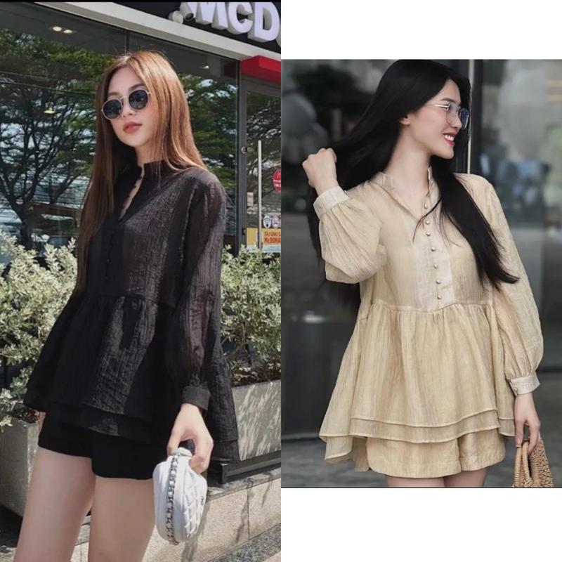 Set Bộ Quần Đùi Áo Cổ Trụ Dáng Babydoll Chất Tơ Xốp Tay Dài Nữ Women