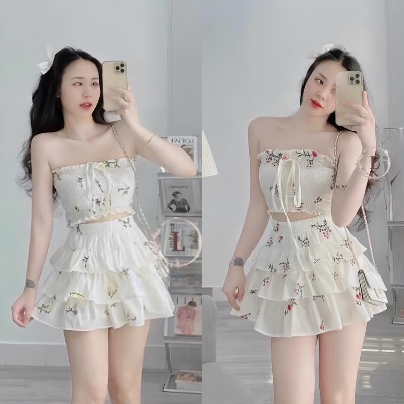 Set đồ nữ áo nhún cúp ngực có nơ trước phối chân váy dập ly tầng có lót trong xinh xắn, dễ thương dành cho chị em đi chơi, đi biển