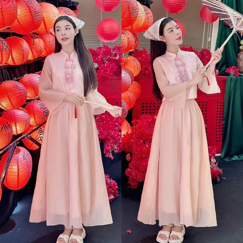 Set đồ nữ áo gấm hoa cổ trụ nút mây kèm chân váy tơ dài 2 lớp sang chảnh dành cho các nàng diện đi chơi Women Top