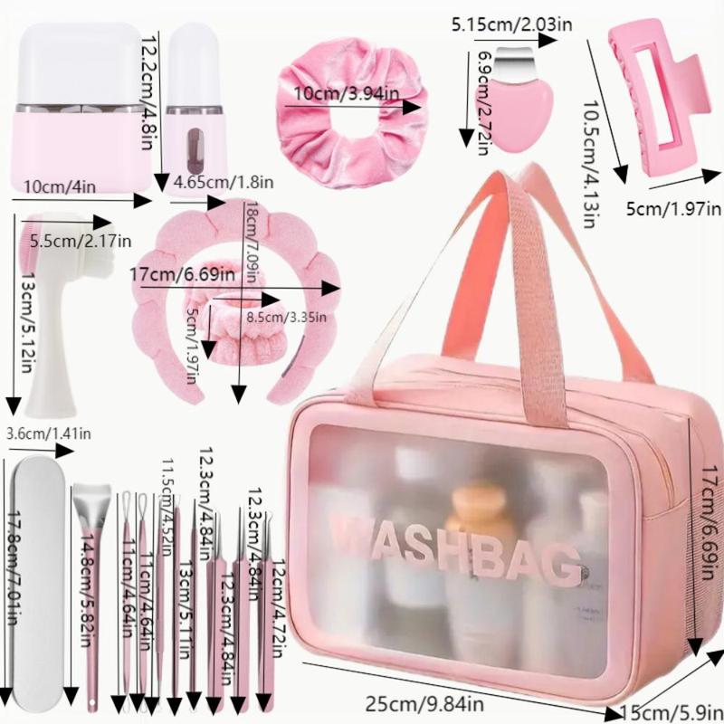 Product Introduction of Makeup Tools Set, 19pcs/set Headband & Wristband & Face Cleaning Brush & Hair Clip & Empty Bottle & Acne Cleansing Tools & Makeup Bag, Multifunctional  Tools Kit 1