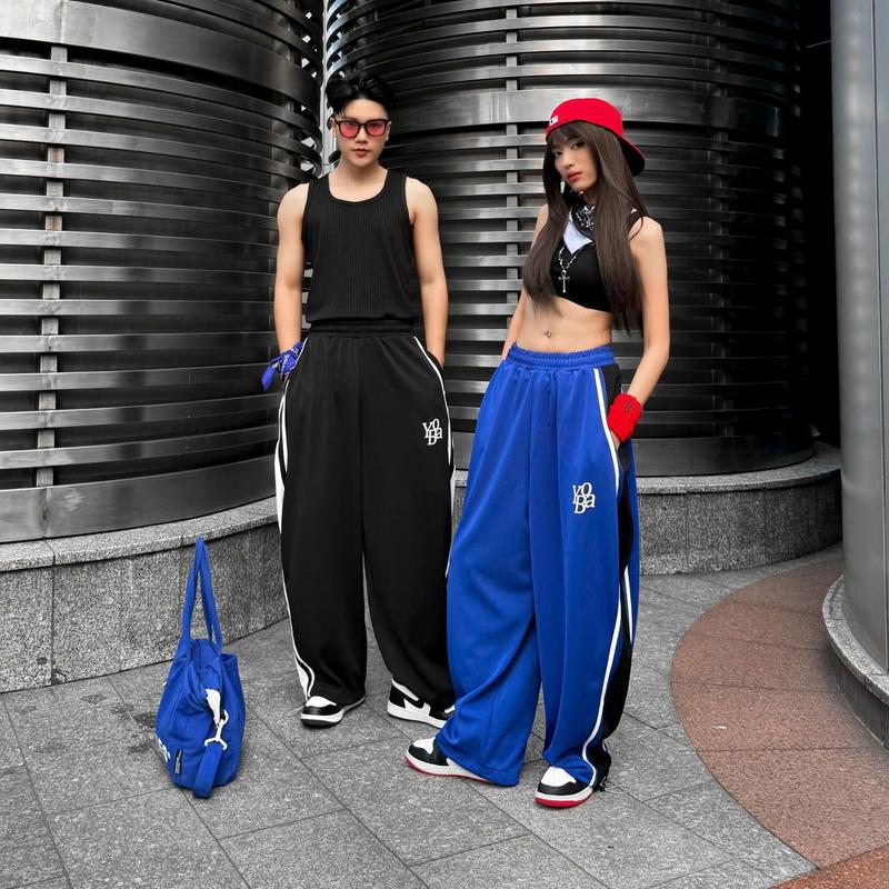 YOBA | Quần Trackpants - Poly 2 Da Cao Cấp Ống Siêu Rộng Phối Kẻ Sọc - Có Dây Rút Ống,Big Size 45-130kg Quần Jogger,Unisex Nam Nữ,Dancer,Gymer,Toji,Sport,Thể Thao Yoga