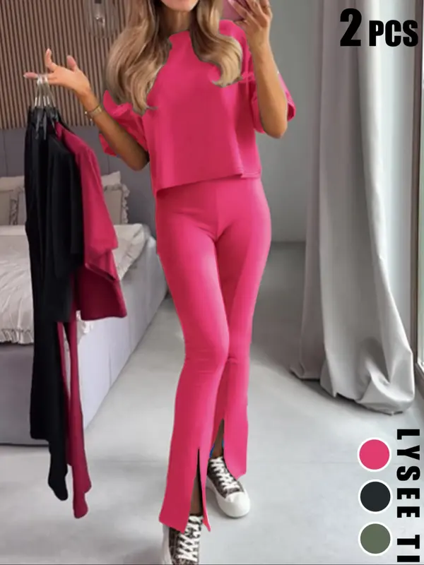 Two-piece Set Women's Solid Color Round Neck Tee & Split Hem Pants, Casual Fitted Fashion Cozy Shortsleeve Top & Elastic Waist Trousers for Daily Outdoor Wear, Ladies Clothes for All Seasons, Womenswear, Matching Clothing Set, Casual Outfit Set 3