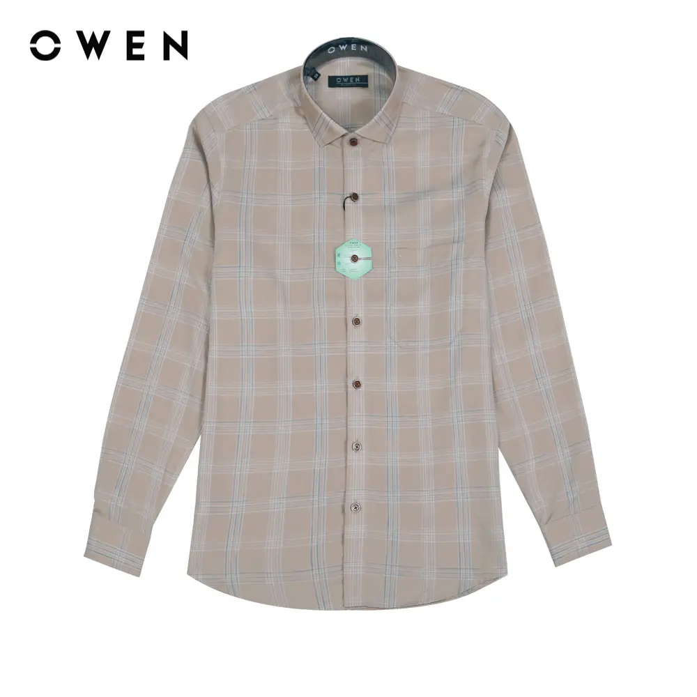 OWEN - Áo sơ mi Nam dài tay Có túi Regular Fit AR220811DT màu Be trắng chất liệu Mint   Hoạ tiết Kẻ caro Menswear