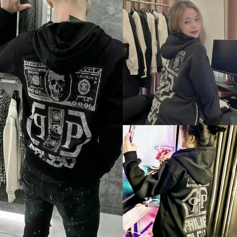 Áo nỉ hoodie philip đính đá Nam Nữ mũ 2 lớp, chất liệu nỉ cotton mềm đẹp từ 30-75 ký hoodie zip