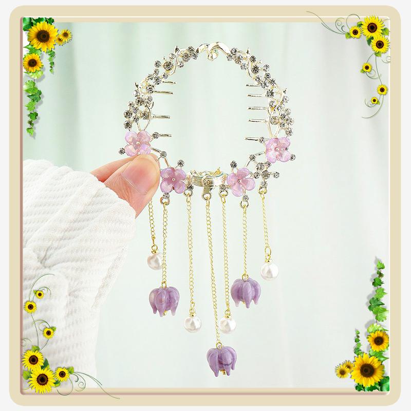  Kẹp Búi Tóc Củ Tỏi Tua Rua Đính Hoa Màu Hồng Tím Dành Cho Nữ Tóc Vừa Phong Cách Hàn Quốc Women Cài Tóc 