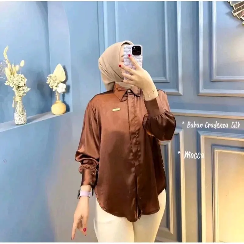 Kemeja shimmer CRADENZA silk grade A.atasan wanita, kemeja wanita lengan panjang Baju Balon 1