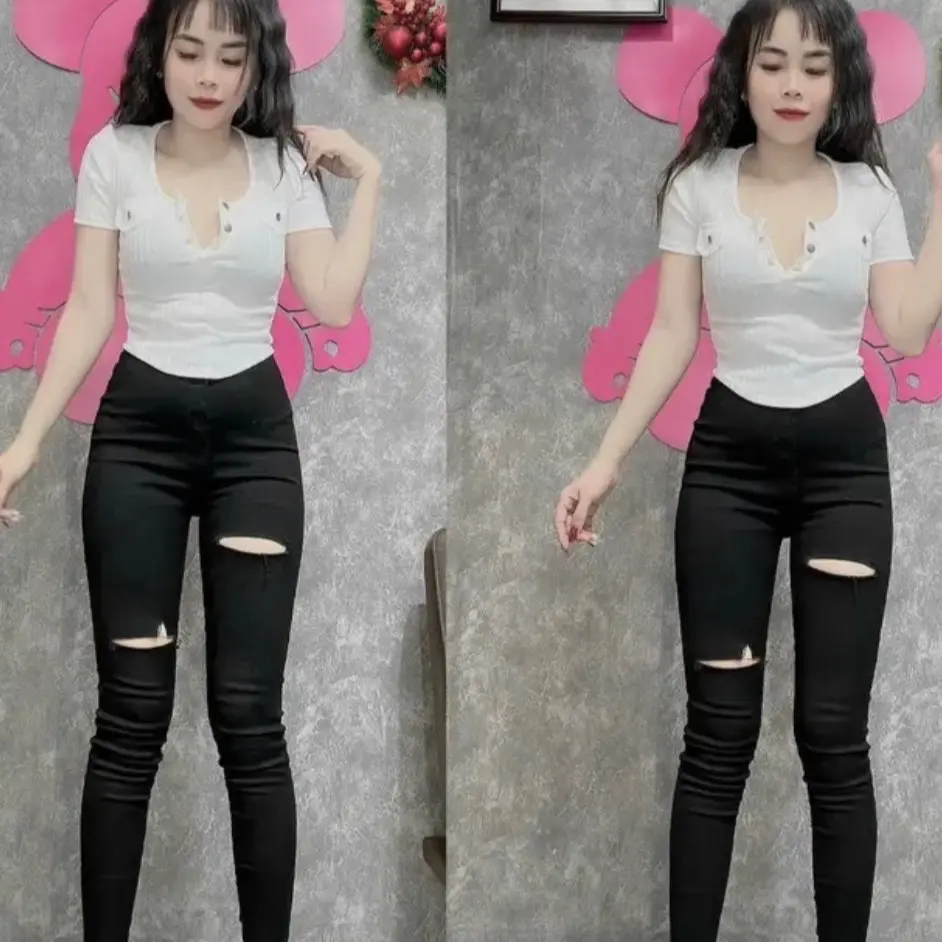 Quần ôm lưng siêu cao rách nhẹ Nữ Pants Jean Lưng Cao
